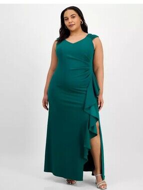 Alex Evenings 16W Jade Teal Ruffle Draped Maxi Gown Formal Wedding Dress $219